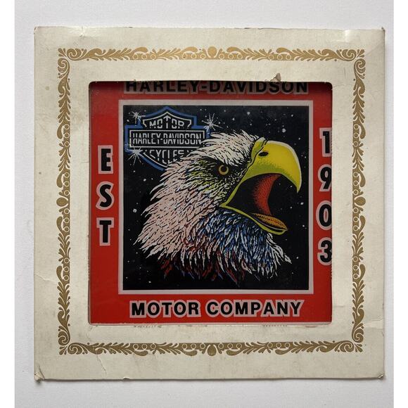 Vintage Harley Davidson Carnival Prize Glass Picture Screaming Eagle 6" X 6" - Picture 2 of 5